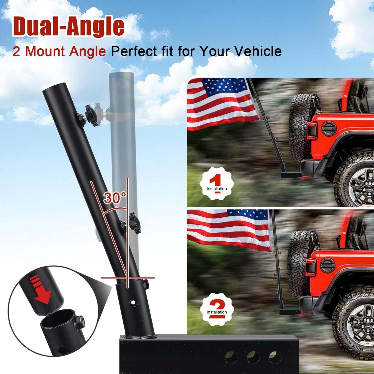 Flagpole with dual-angle feature for vehicles, shown with a Jeep and American flag.
