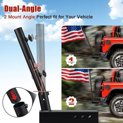 Flagpole with dual-angle feature for vehicles, shown with a Jeep and American flag.