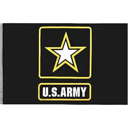 U.S. Army flag with a yellow star and text on a black background