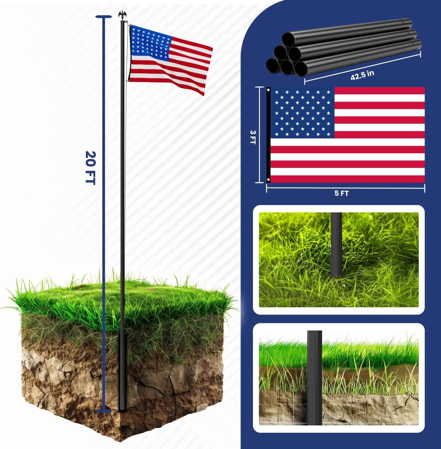Premium Heavy Duty Flag Pole for Outside House,12 Gauge Extra Thick Aluminum Flagpole with 3x5 American Flag Outdoor, Inground Flag Pole Pole Kit for Residential Commercial