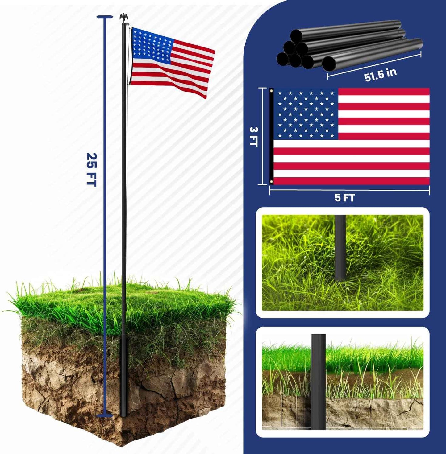 Premium Heavy Duty Flag Pole for Outside House,12 Gauge Extra Thick Aluminum Flagpole with 3x5 American Flag Outdoor, Inground Flag Pole Pole Kit for Residential Commercial