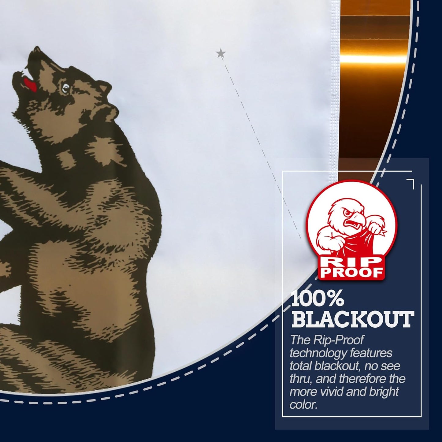 Illustration of a bear with a red mark on its face, featuring Rip-Proof technology branding.
