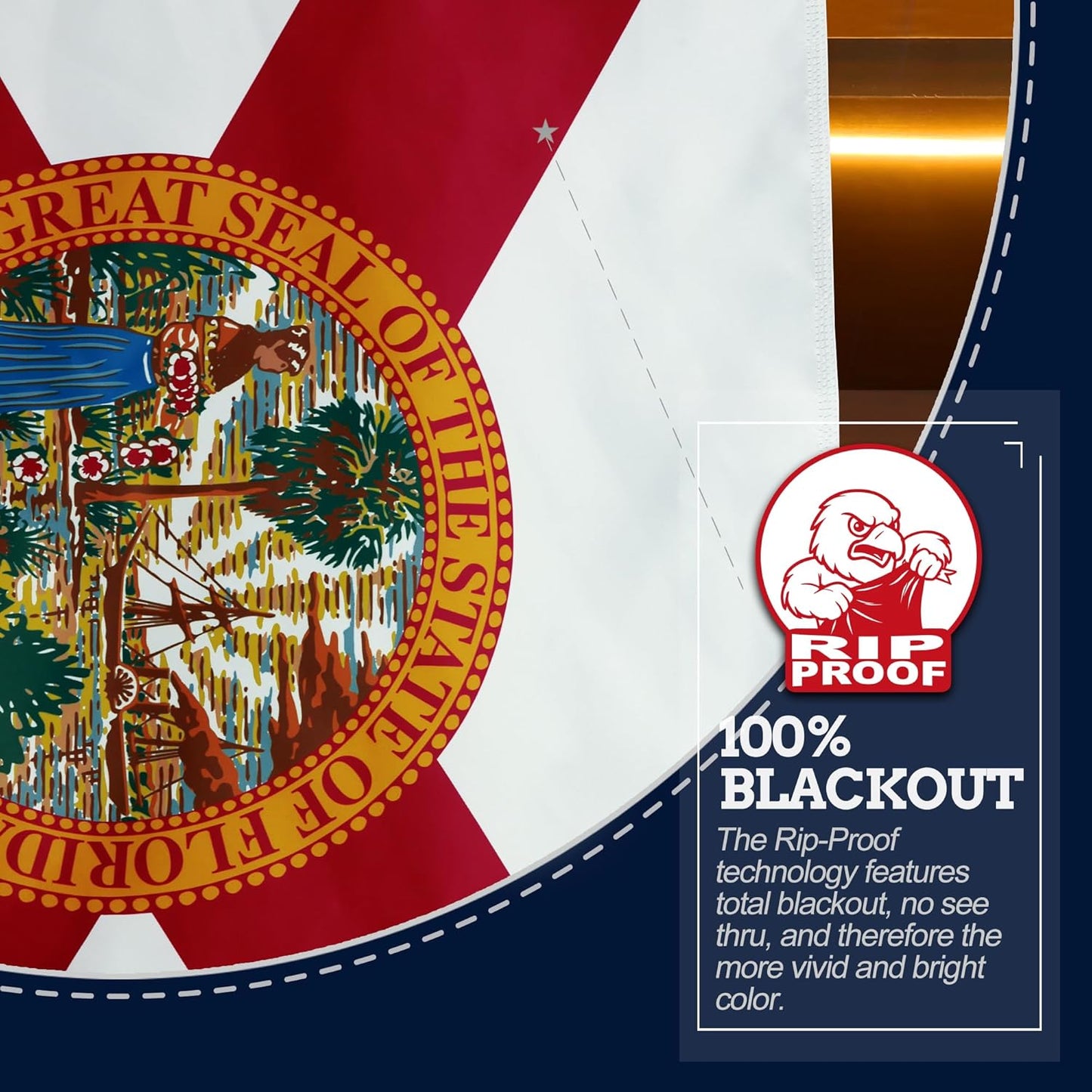 State flag of Florida with a close-up of the seal and Rip-Proof blackout technology label.