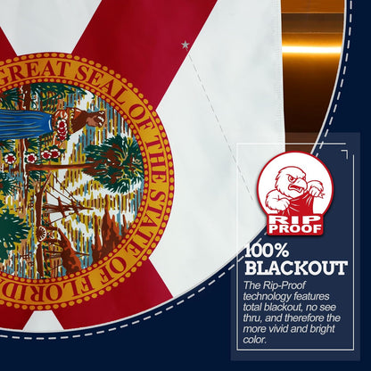 State flag of Florida with a close-up of the seal and Rip-Proof blackout technology label.