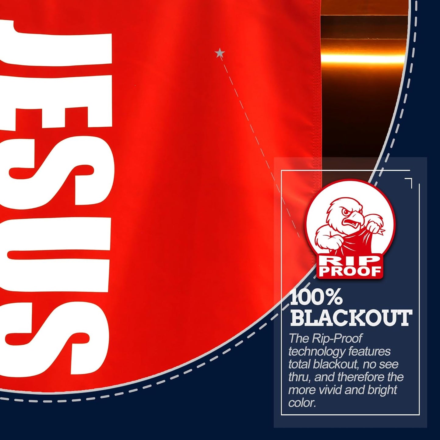 Red and blue fabric with 'Jesus' printed on it, featuring a Rip-Proof label.