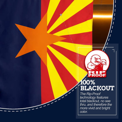 Close-up of a flag design with a large orange star and red and yellow rays on a dark blue field, plus a Rip-Proof badge and text overlay reading '100% BLACKOUT'.