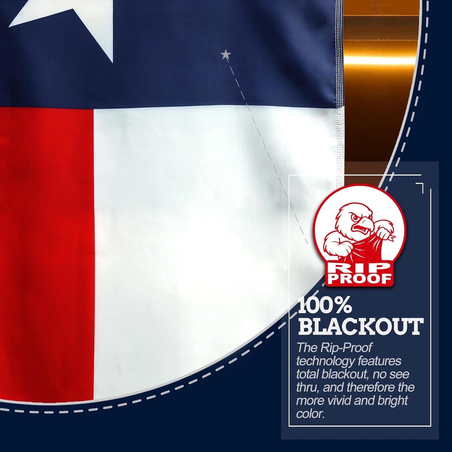 Texas flag with Rip Proof blackout technology label