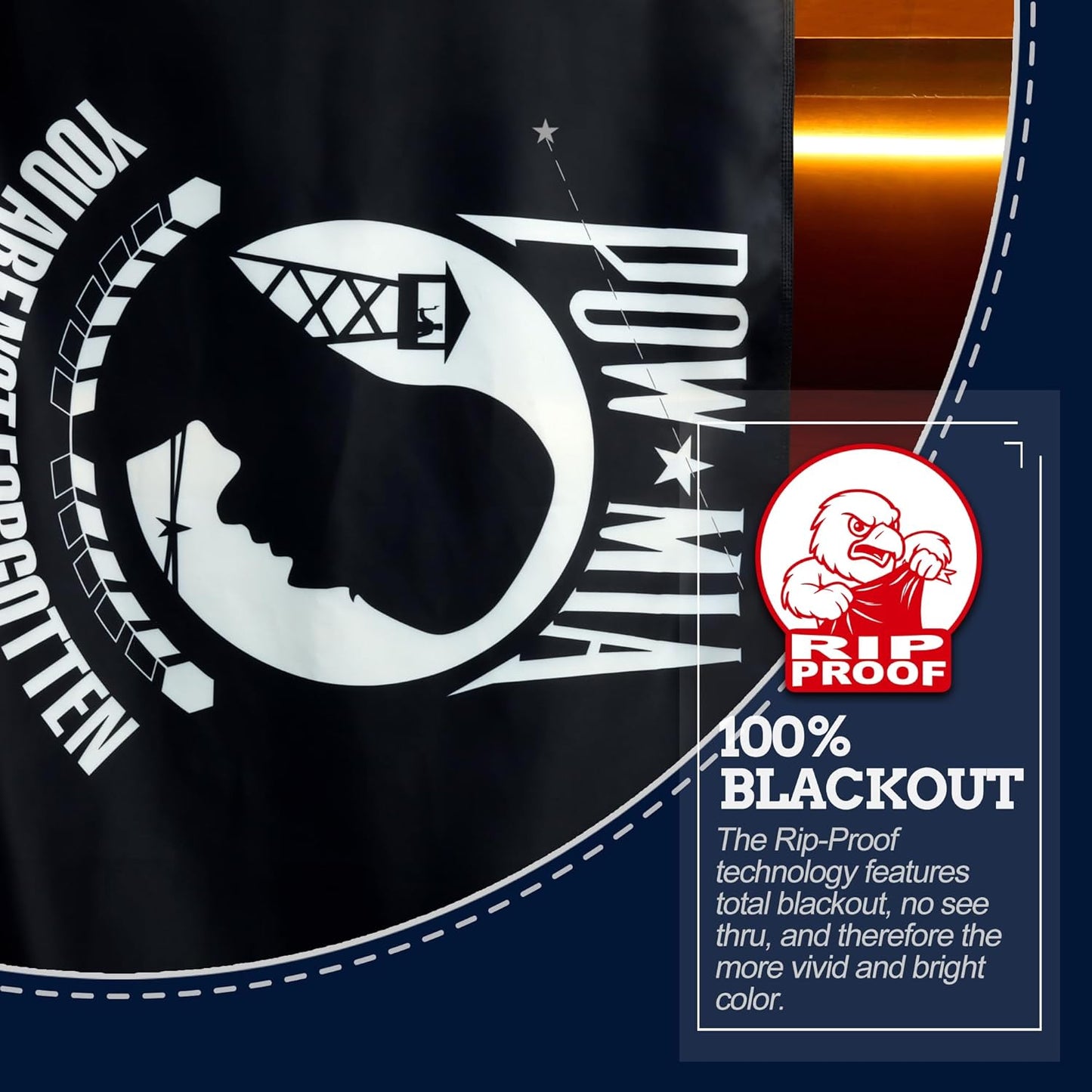 Product packaging with a silhouette design and text about 'Rip Proof' technology on a dark background.