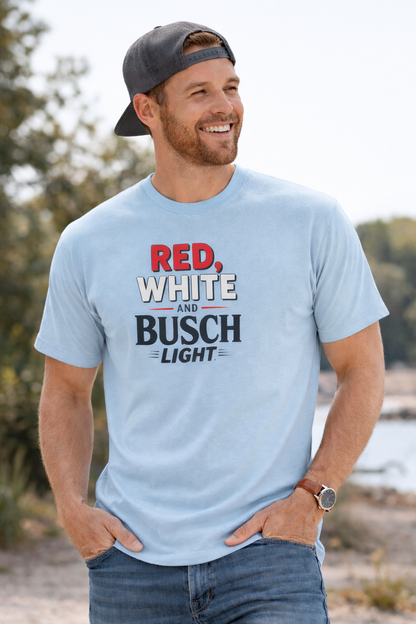 Red, White, and Busch Light Tee - Trendy Patriotic Shirt for Beer Lovers