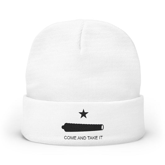 White beanie with black star and text design on a white background