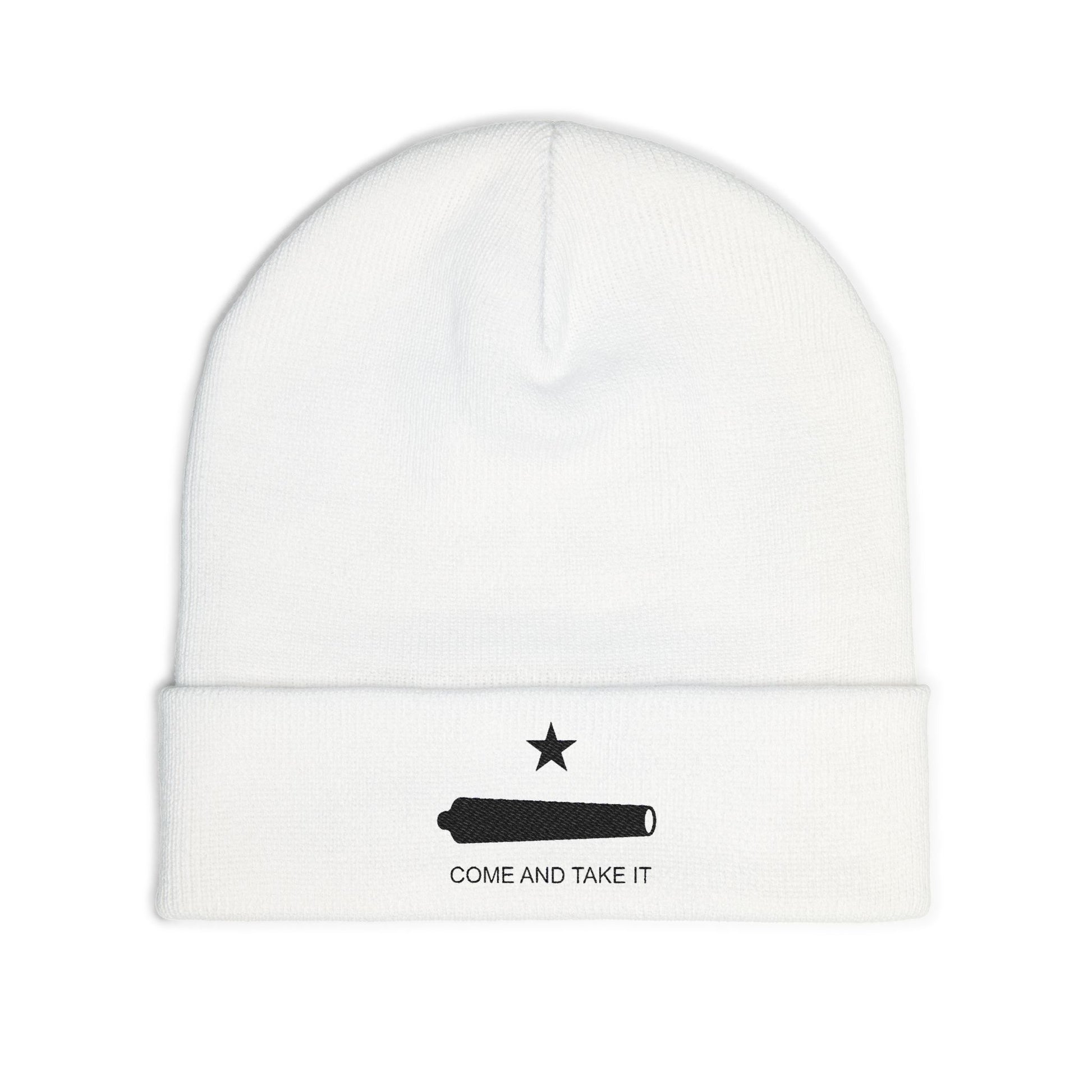 White beanie with black star and text design on a white background