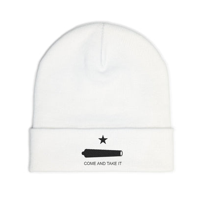 White beanie with black star and text design on a white background