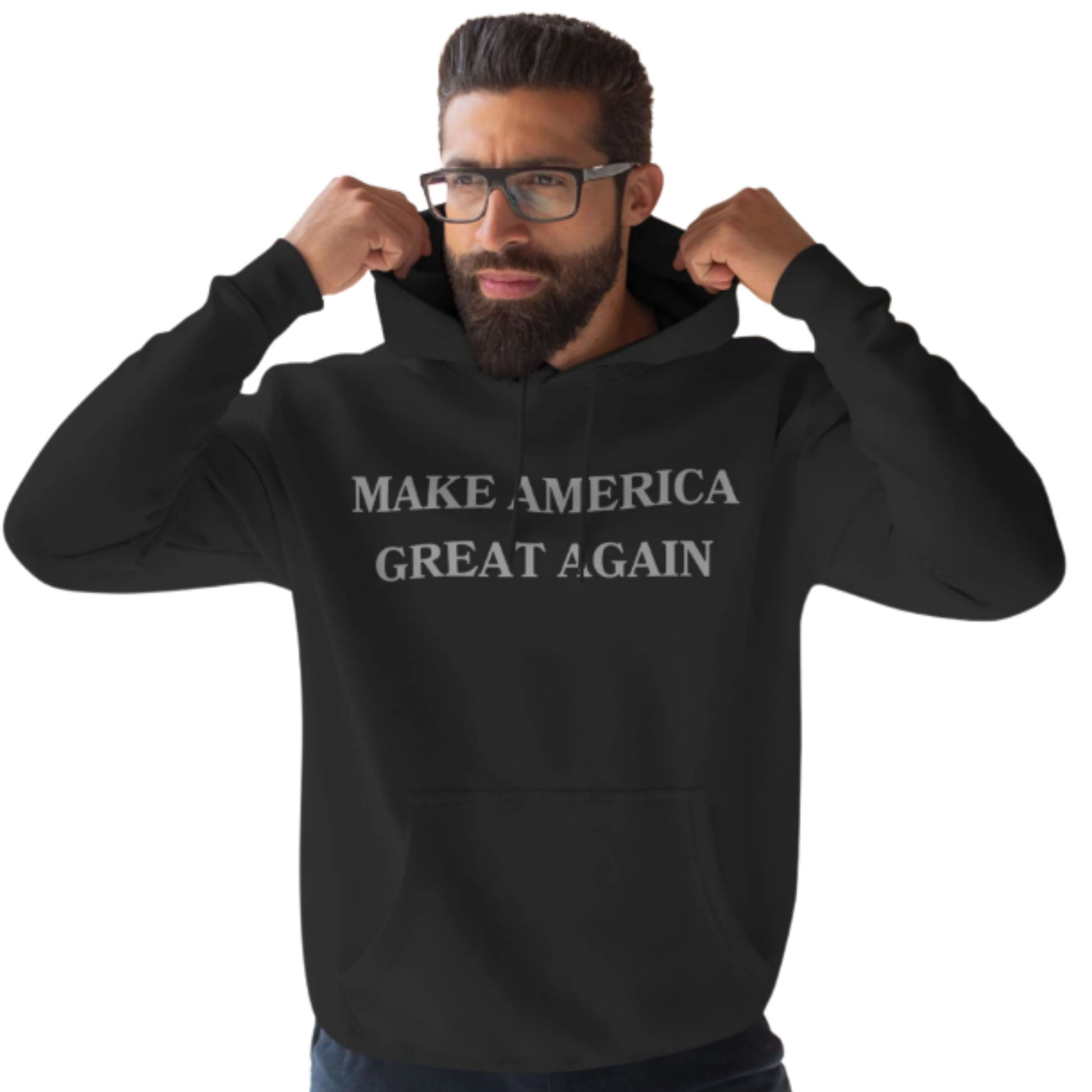 Dark MAGA Hoodie in black, featuring a bold and minimalist design, perfect for a stylish patriotic look.