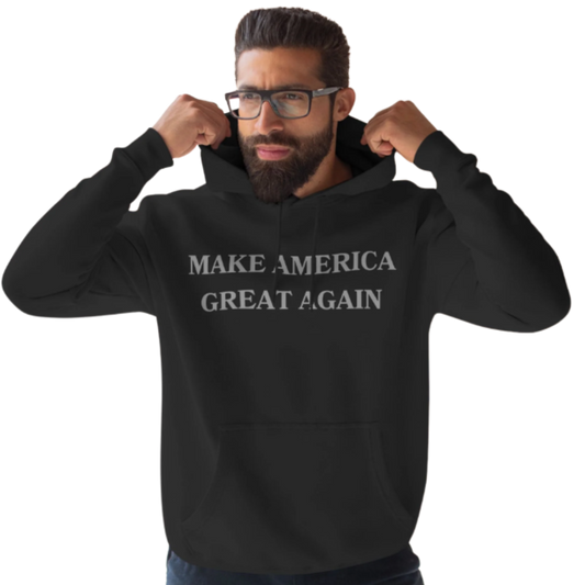 Dark MAGA Hoodie in black, featuring a bold and minimalist design, perfect for a stylish patriotic look.