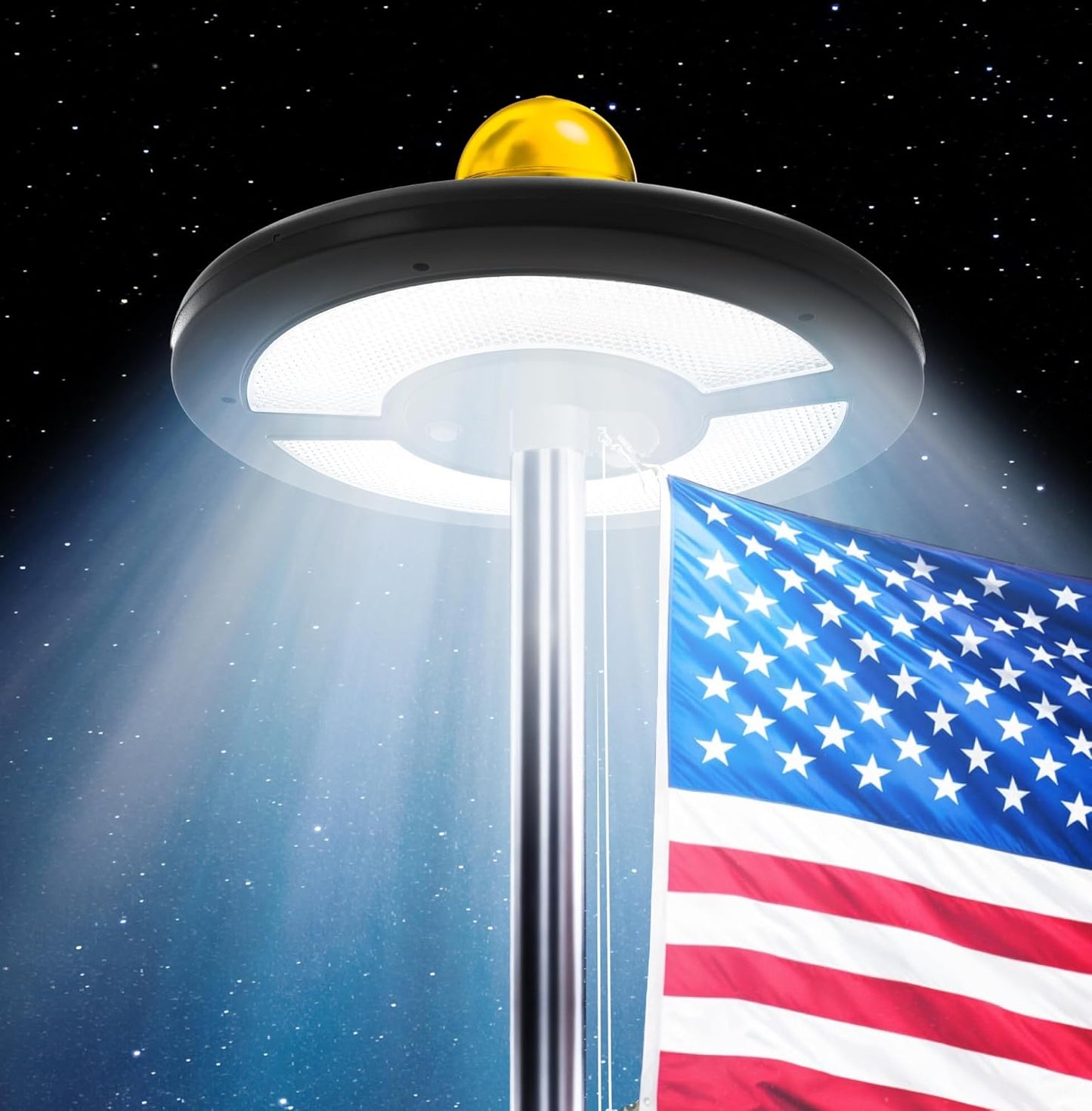 UFO hovering over an American flag with a gold sphere on a dark starry background