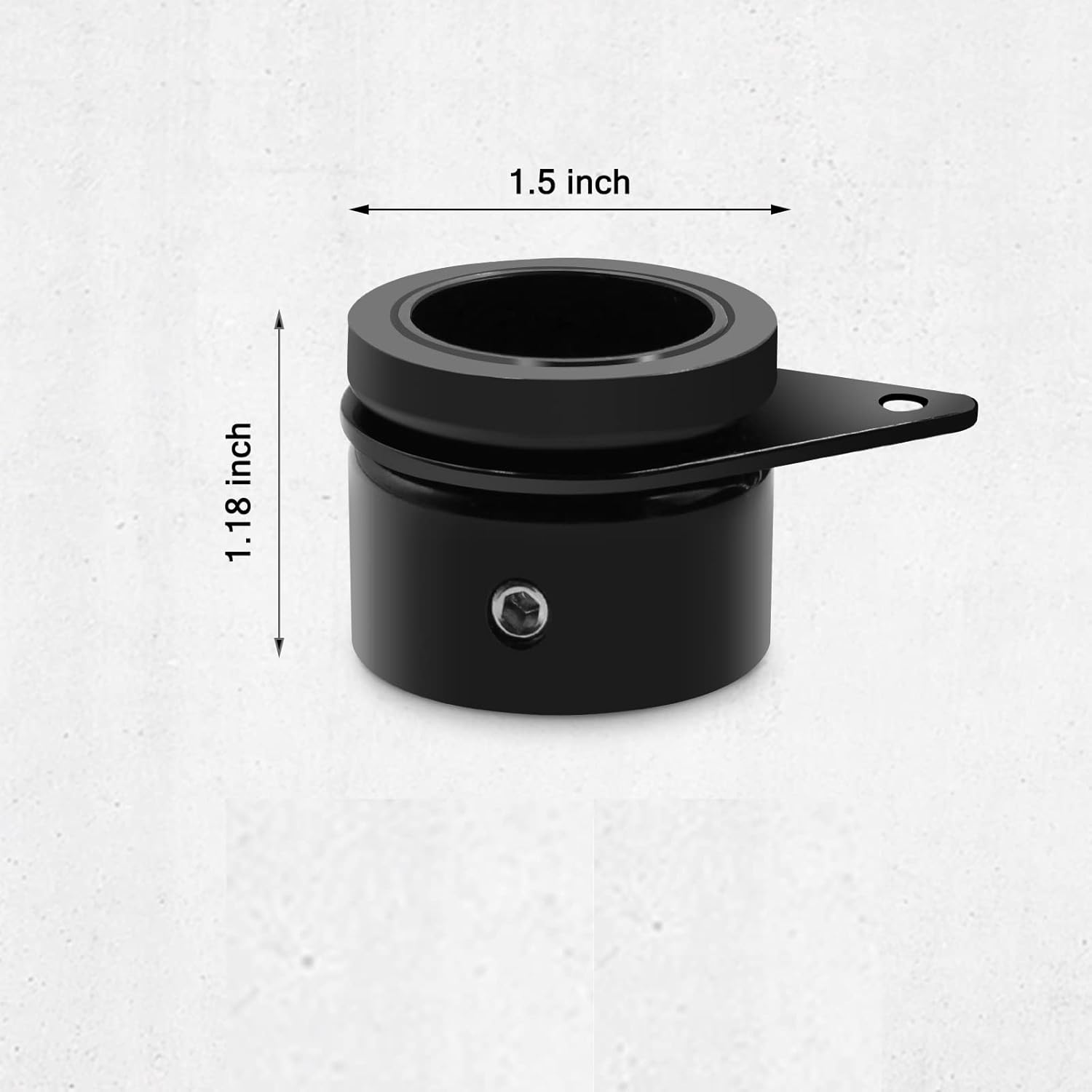 Black metal component with dimensions labeled on a white background