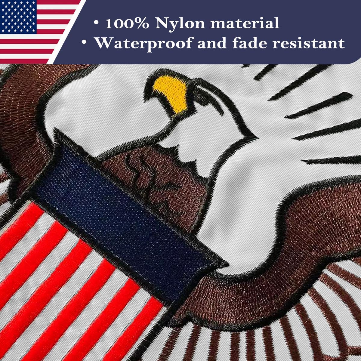 Eagle patch on a flag background with text about material properties.