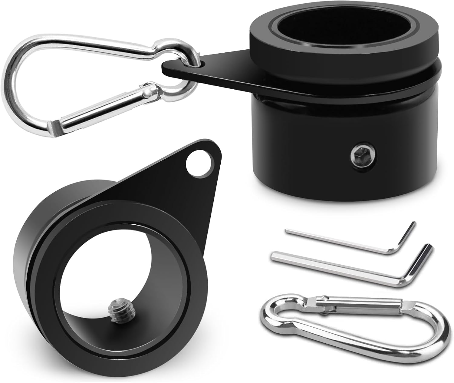 Black metal components with carabiners on a white background
