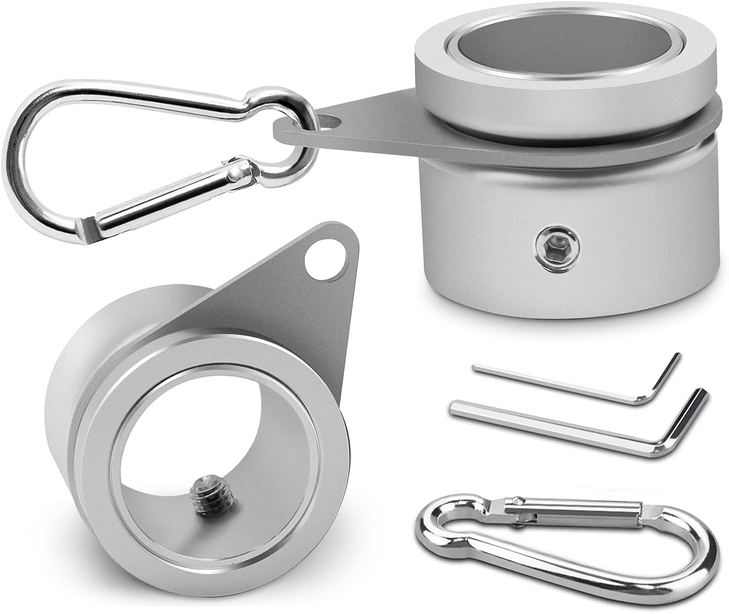 Metallic lock mechanism with carabiners on a white background