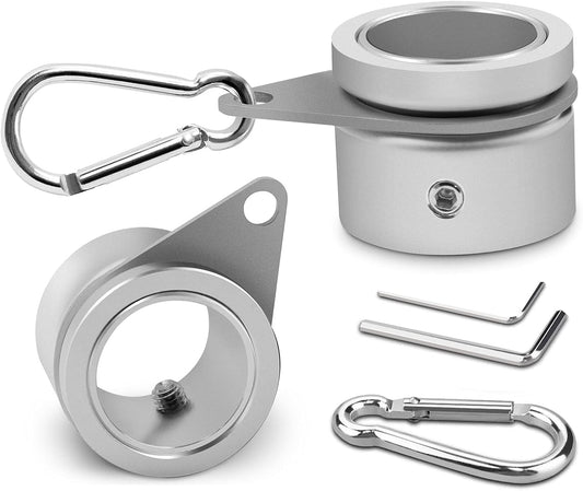 Metallic lock mechanism with carabiners on a white background