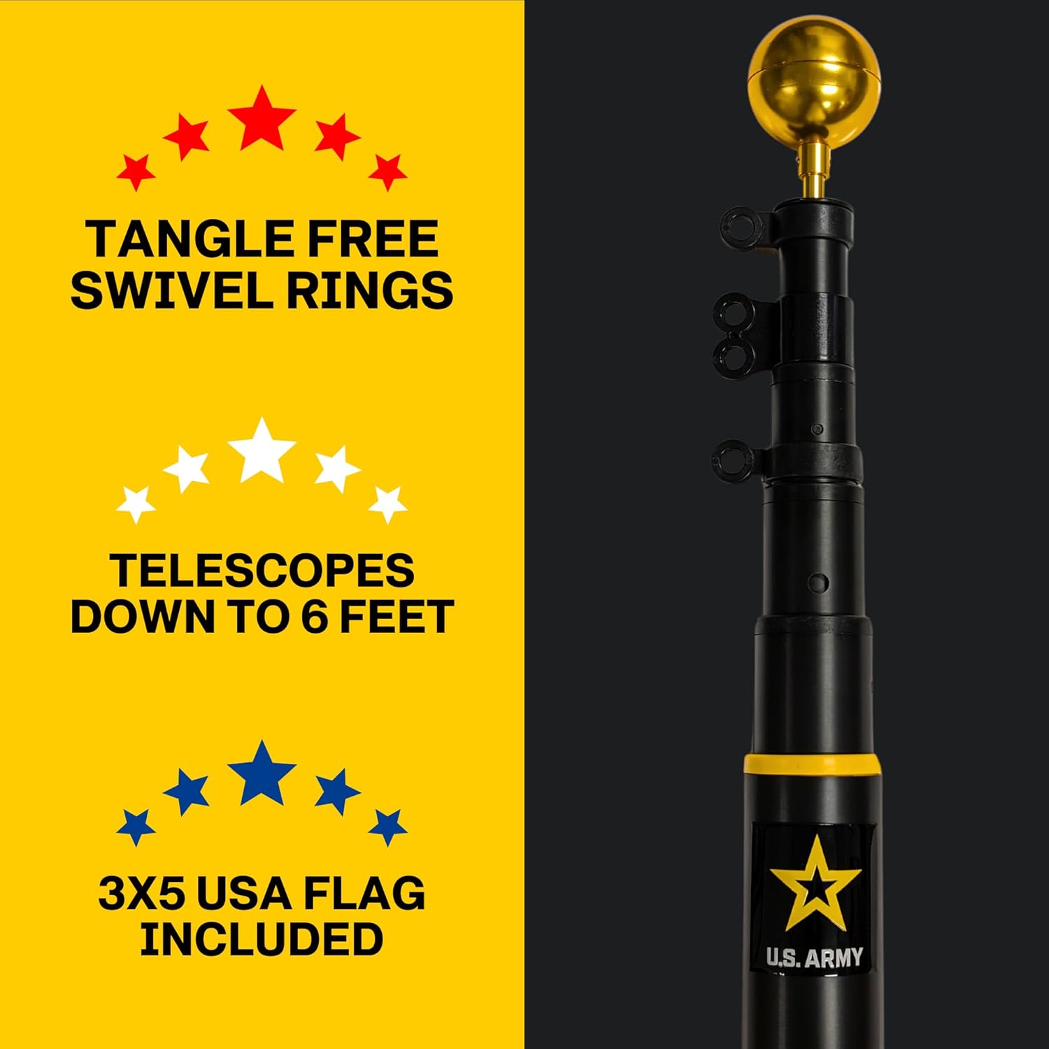 Black flagpole with gold top on a yellow and black background, featuring text about tangle-free swivel rings and telescoping capabilities.