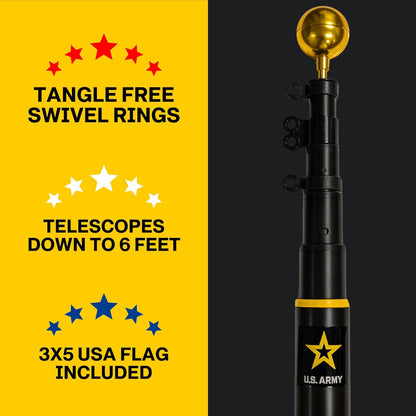 Black flagpole with gold top on a yellow and black background, featuring text about tangle-free swivel rings and telescoping capabilities.