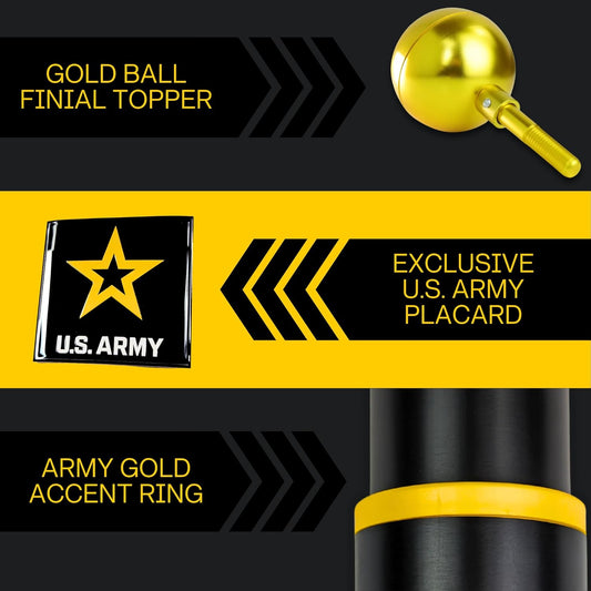 Gold ball finial topper with U.S. Army placard and accent ring on a black and yellow background