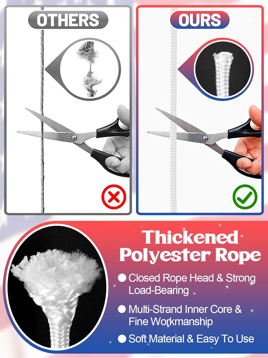 Comparison of thickened polyester rope with scissors, labeled 'Others' and 'Ours'.