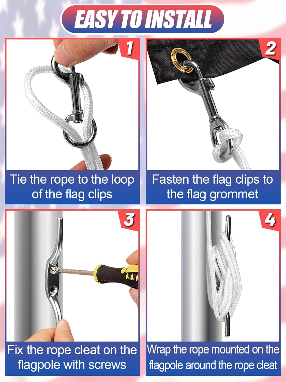 Step-by-step guide on how to install flag clips with text 'Easy to Install'.