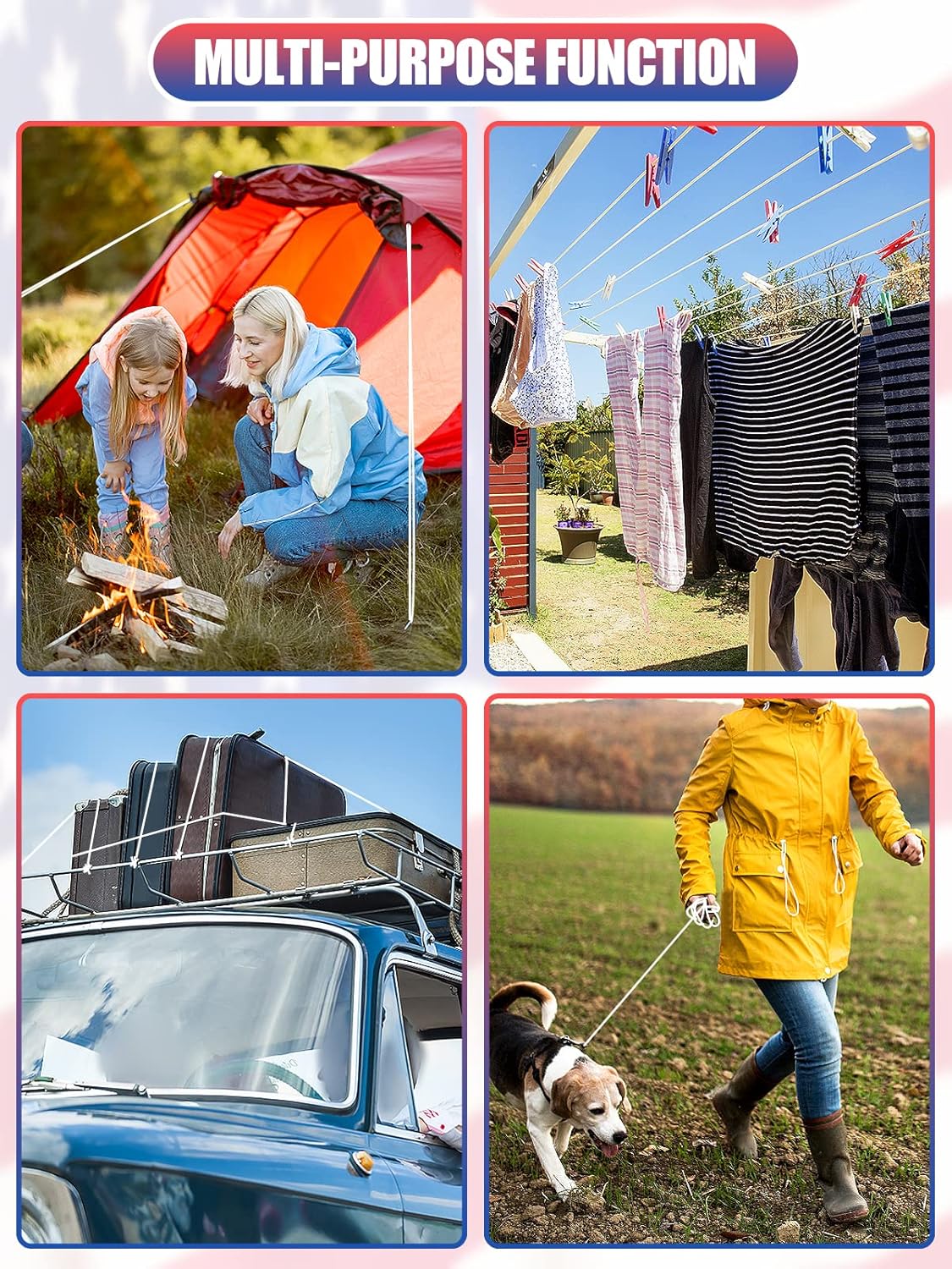 Collage of images showing multi-purpose functions including camping, laundry, roof rack use, and walking a dog.