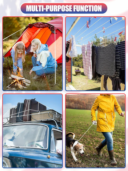 Collage of images showing multi-purpose functions including camping, laundry, roof rack use, and walking a dog.