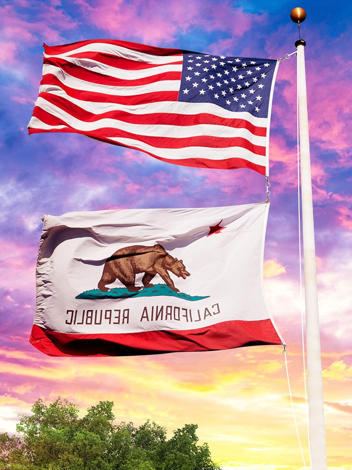 American flag and California flag waving against a colorful sky with trees at the bottom.