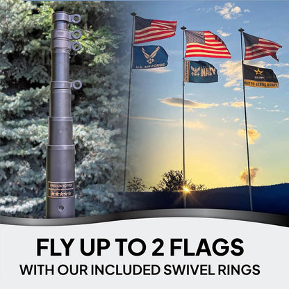 A telescopic flagpole shown close-up on the left, with a split background showing trees at left and a sunset sky with multiple flags on the right. Large text at the bottom reads 'FLY UP TO 2 FLAGS WITH OUR INCLUDED SWIVEL RINGS'.