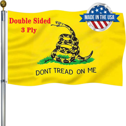 Flag with 'Don't Tread on Me' design and 'Made in the USA' badge on a yellow background