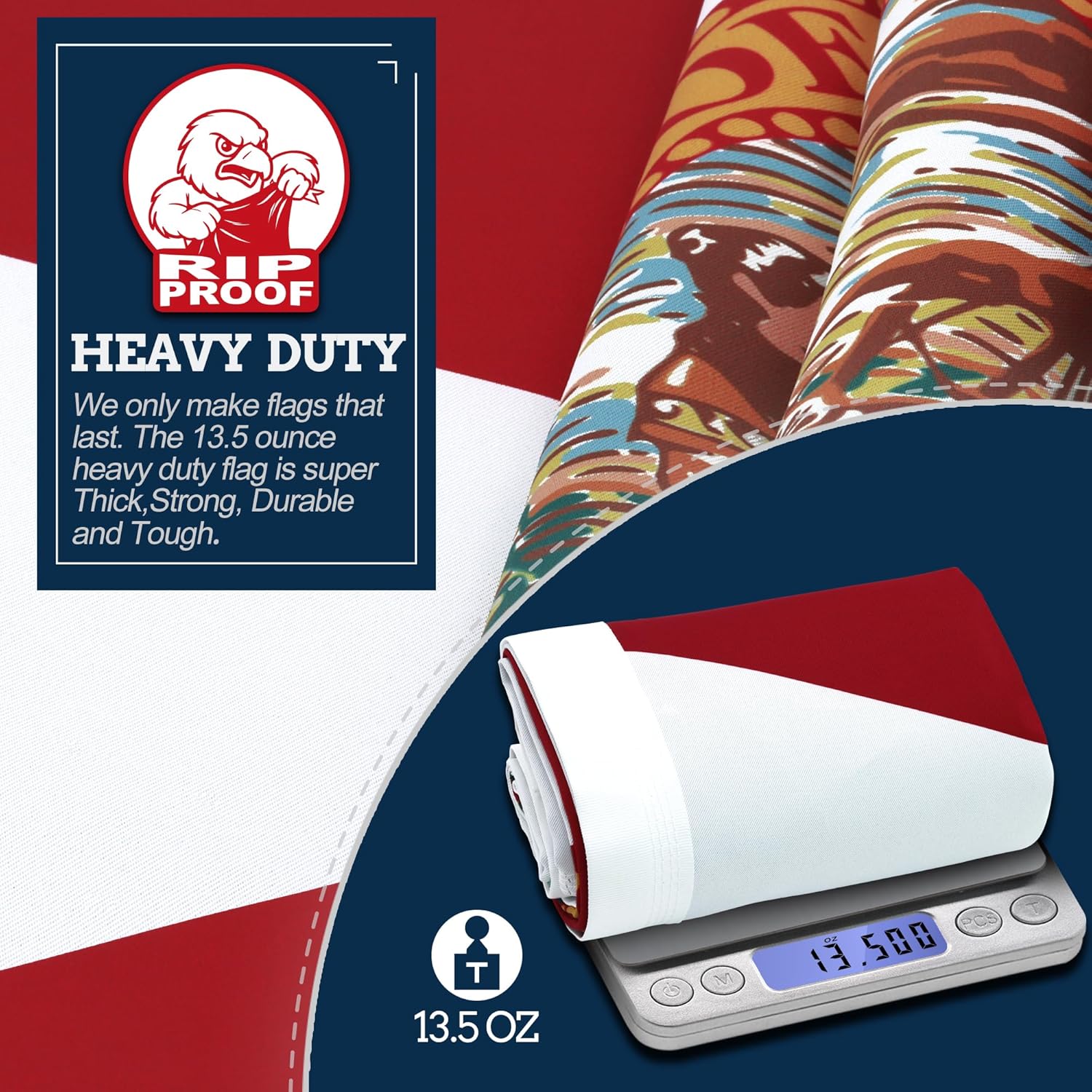 Heavy-duty Rip Proof flag with colorful design, roll of flag on scale, and brand logo.