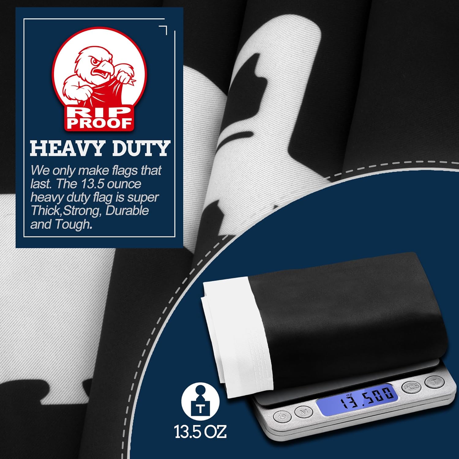 Heavy-duty flag with Rip Proof logo and weight measurement on a digital scale