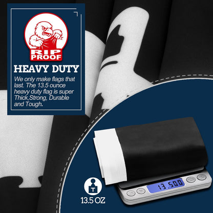 Heavy-duty flag with Rip Proof logo and weight measurement on a digital scale