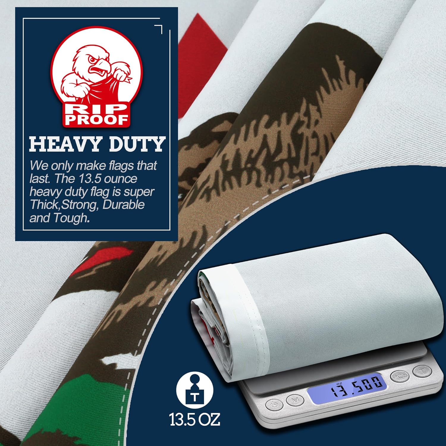 Heavy-duty flag with Rip Proof branding and weight measurement on a scale.