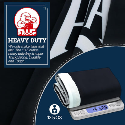 Heavy-duty flag on a scale with Rip Proof branding and product description.