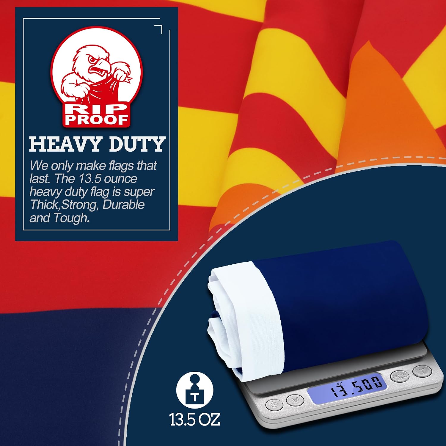 A heavy-duty flag product shown with a navy blue folded flag on a digital scale reading 13.5 oz, alongside a large red and yellow striped flag background and a dark blue informational panel with a RIP PROOF logo and text.