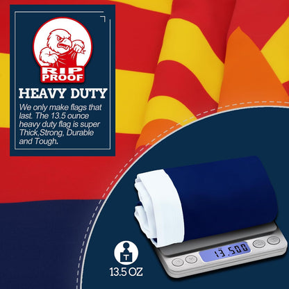 A heavy-duty flag product shown with a navy blue folded flag on a digital scale reading 13.5 oz, alongside a large red and yellow striped flag background and a dark blue informational panel with a RIP PROOF logo and text.