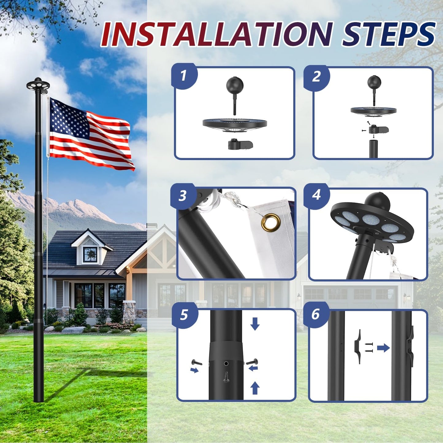 Step-by-step installation guide for a solar street light with an American flag in the background.