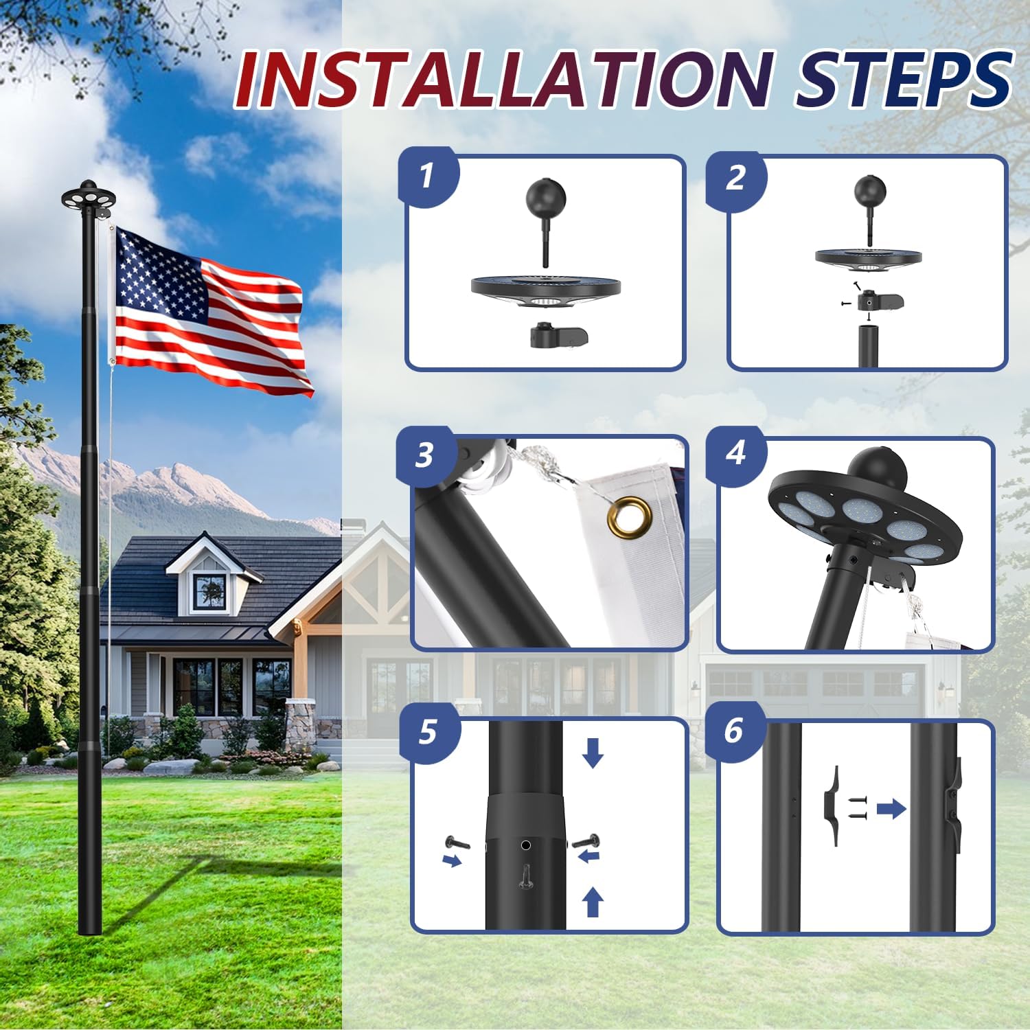 Step-by-step installation guide for a solar street light with an American flag in the background.