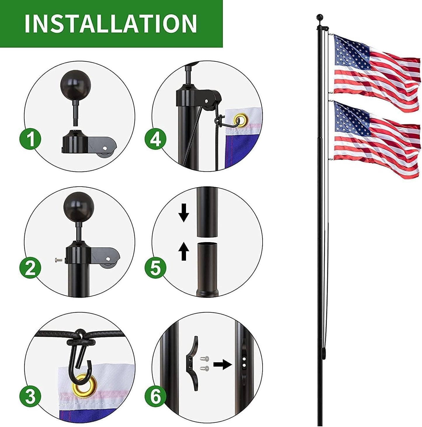 Step-by-step installation guide for a flagpole with an American flag.