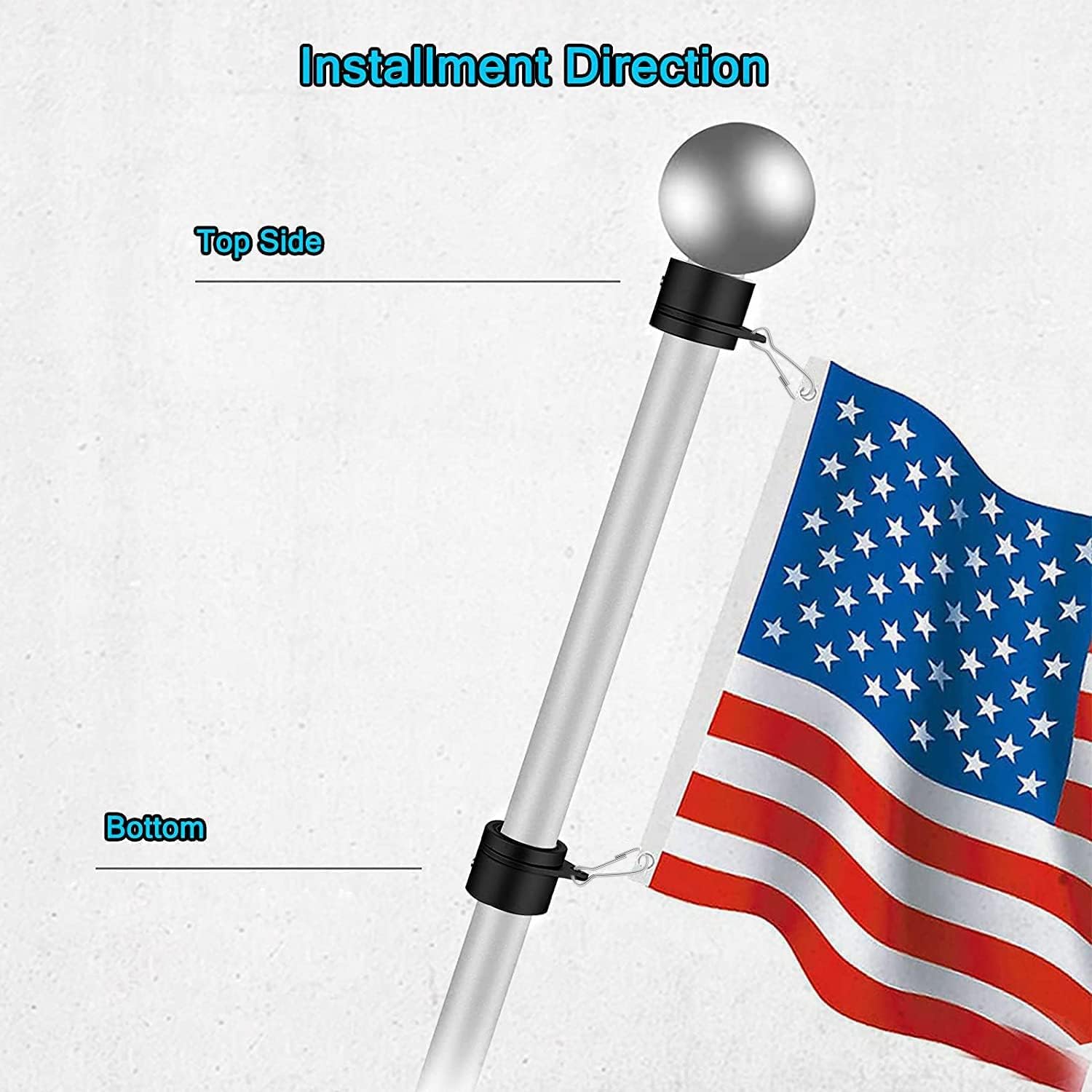 Flagpole with American flag on a white background, showing installment direction.