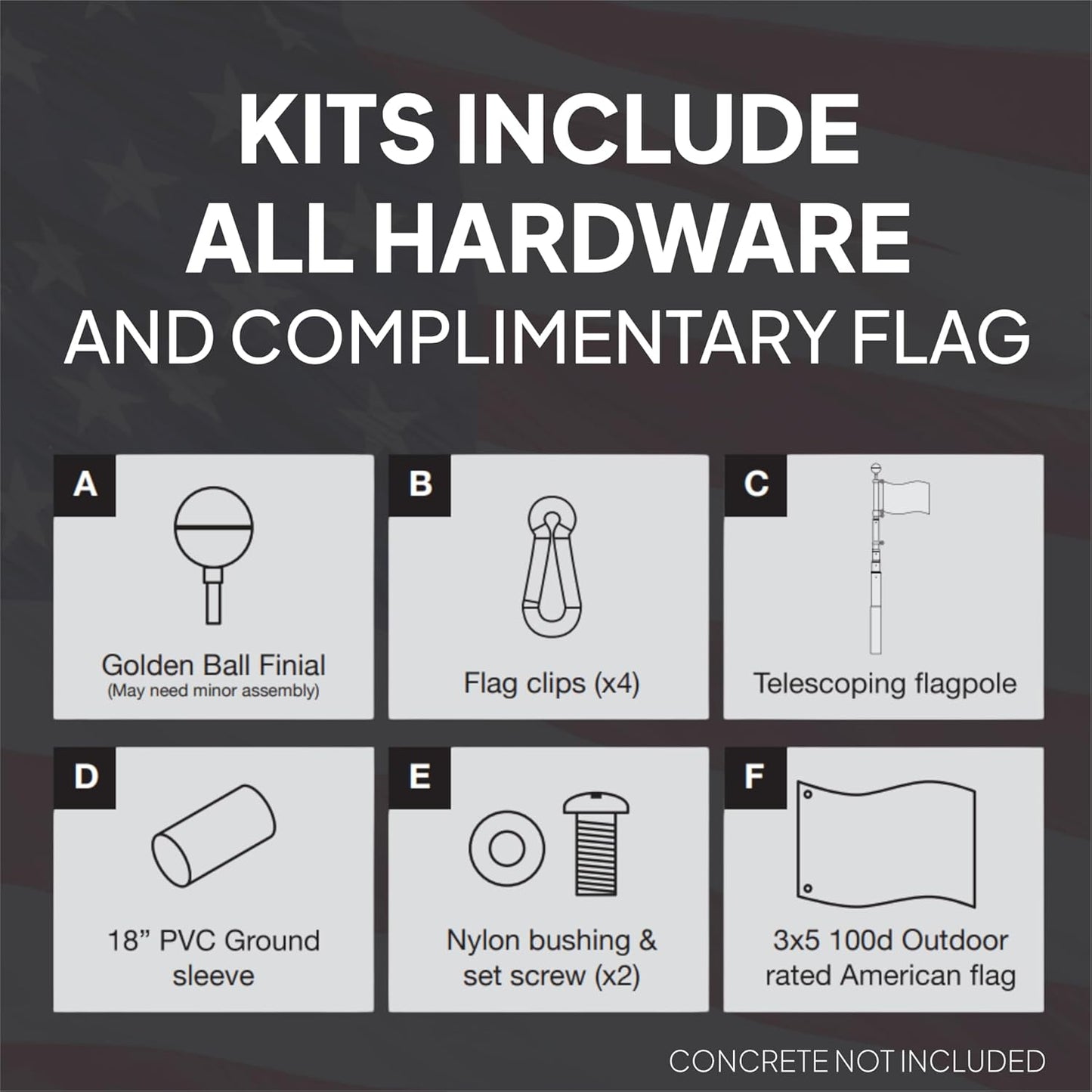 Product kit listing with hardware and flag components on a dark background