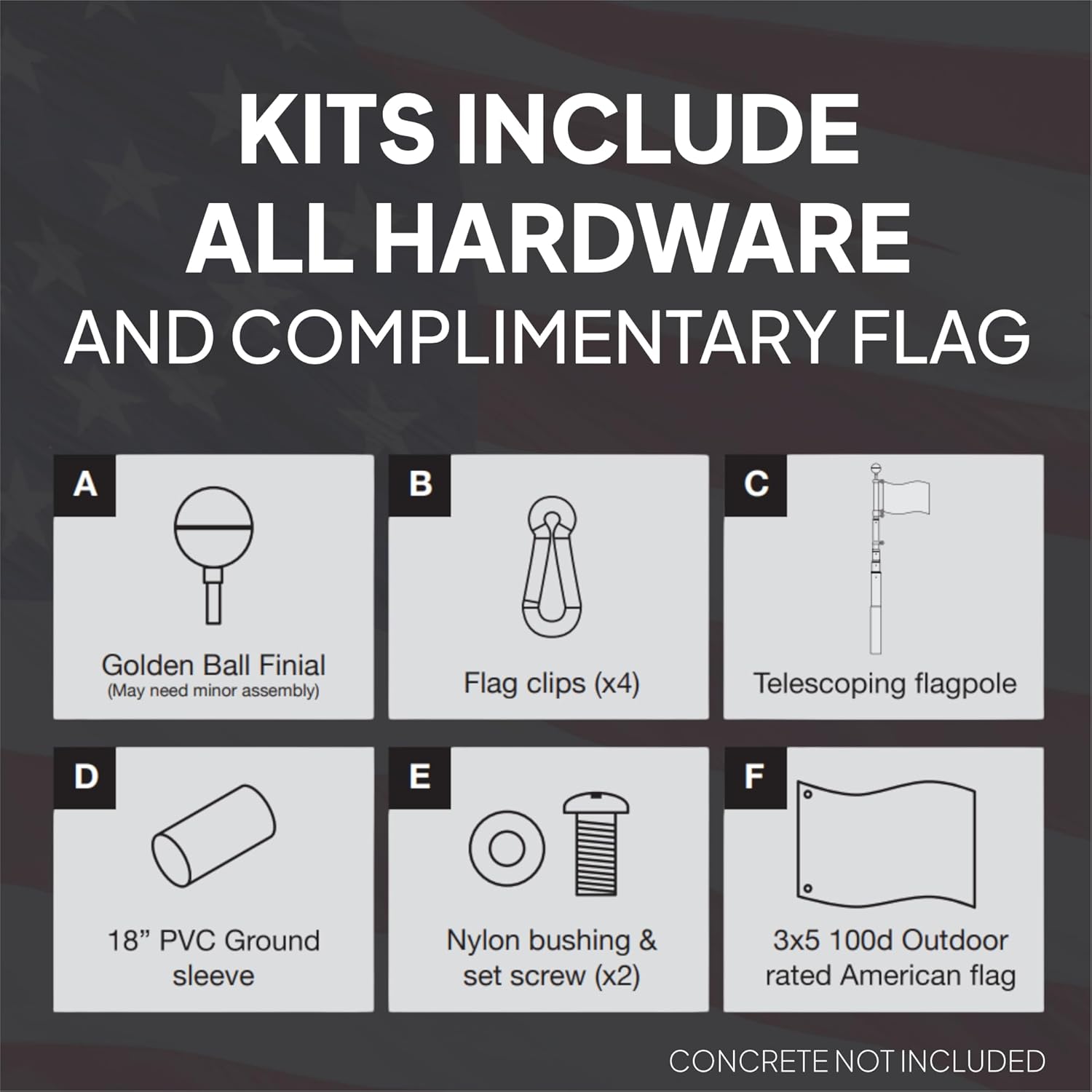 Product kit listing with hardware and flag components on a dark background