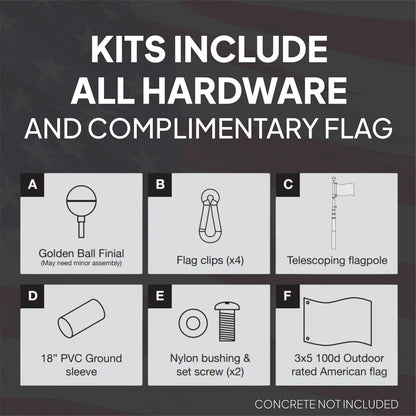 Product kit listing with hardware and flag components on a dark background
