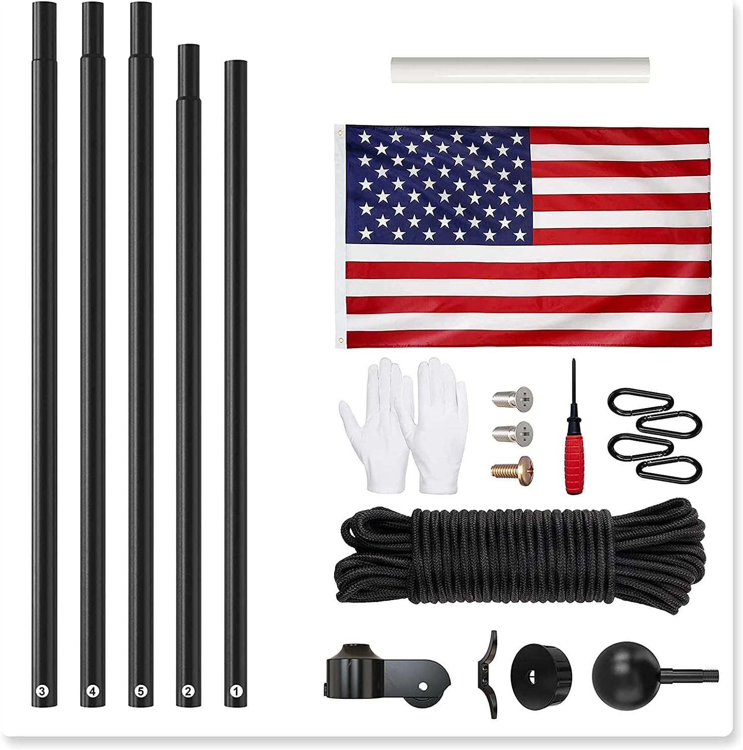 A complete flagpole kit laid out on a white background, including five black pole sections, a folded American flag, black rope, white gloves, mounting hardware, and a small hand pump.