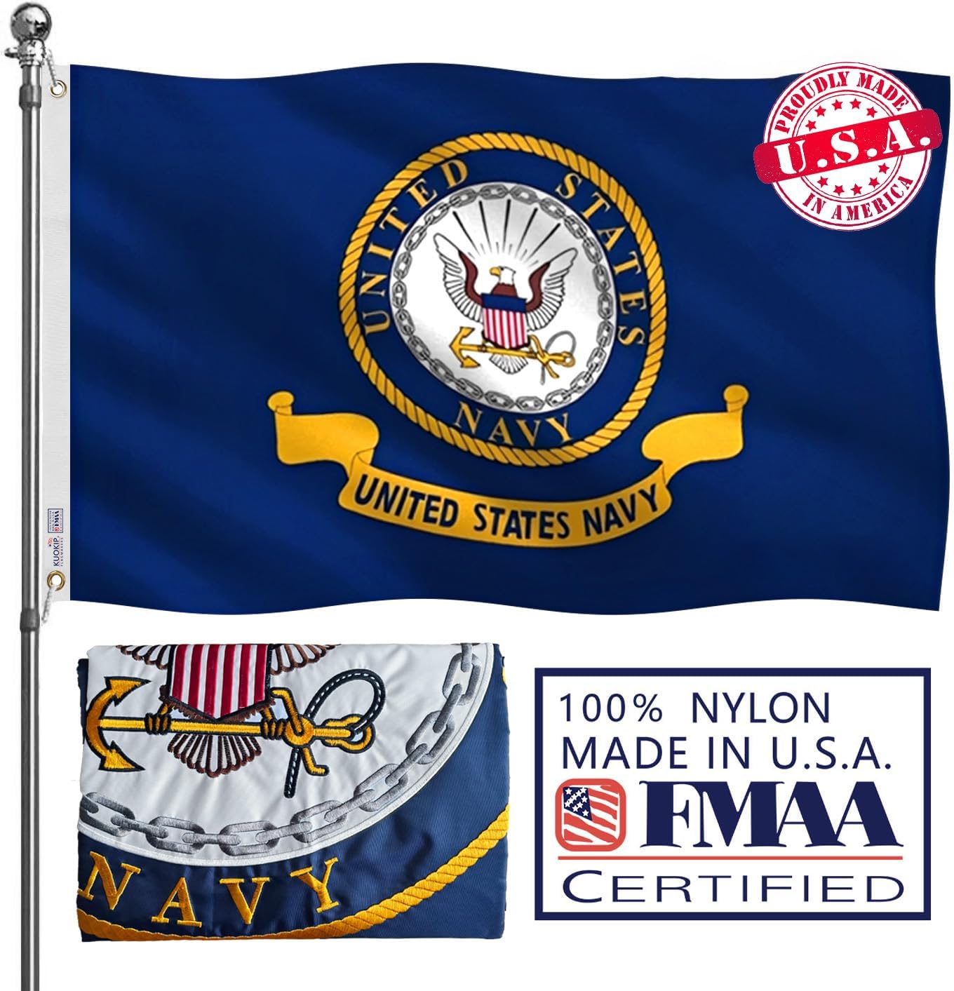 United States Navy flag with FMAA certification label on a white background